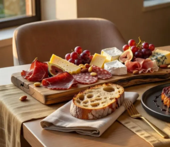 Artisanal charcuterie board and Australian steaks served beside an elegant poker setting