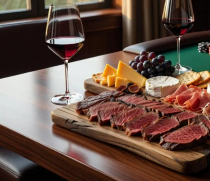 Dry-aged steak and artisanal charcuterie board served with wine in a bright dining room