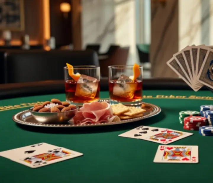 Close-up of poker dealers and players around a custom card table with chip stacks