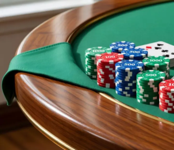 Close-up of ceramic chip stacks and cards on a poker table under natural light