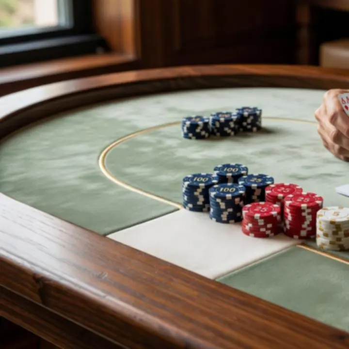 Custom wooden poker tables with sage and ivory felt in a bright Australian card room