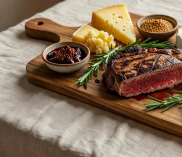 Dry-aged Australian steak sliced on a wooden board with seasonal sides
