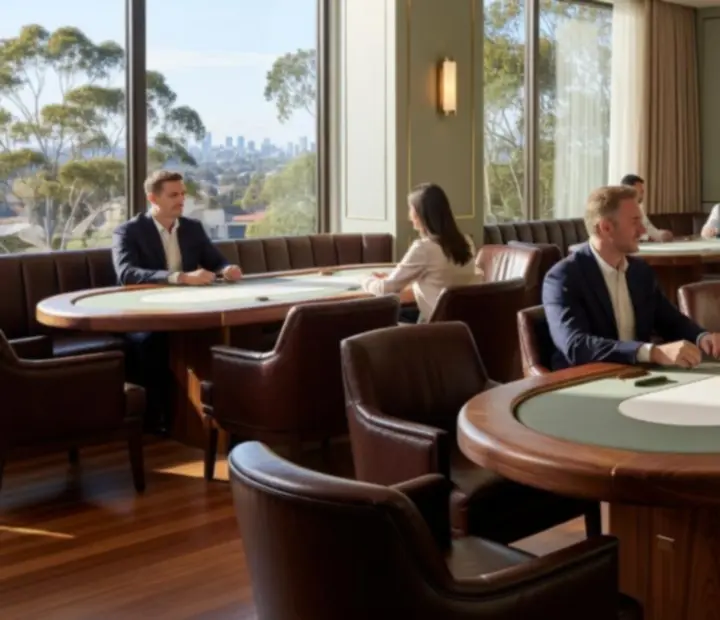 Sunlit poker lounge with wooden tables, chip stacks, and light-filled dining area