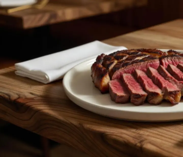 Close-up of grilled Australian steak served in a light-filled dining room