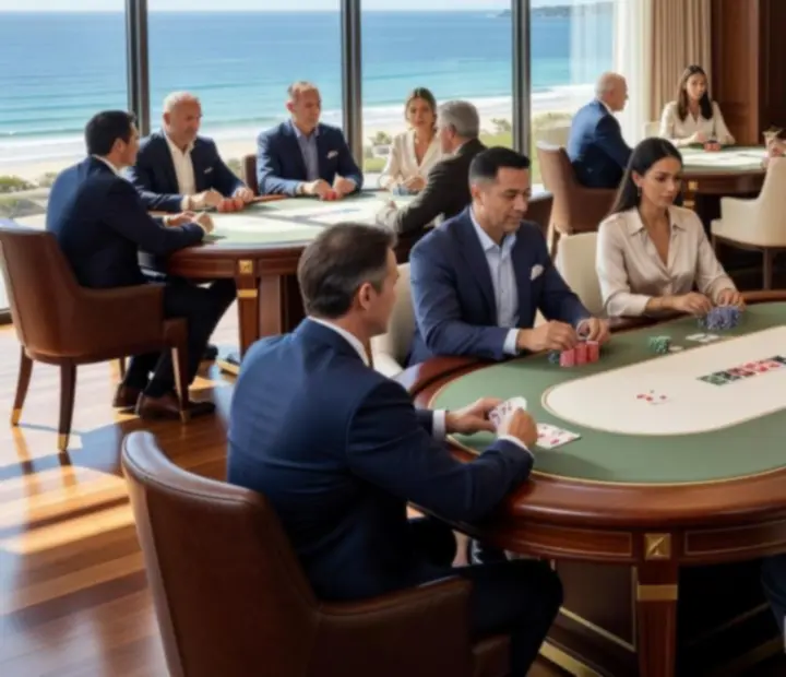 Sunlit offline poker room with custom wooden tables and guests enjoying Texas Hold'em