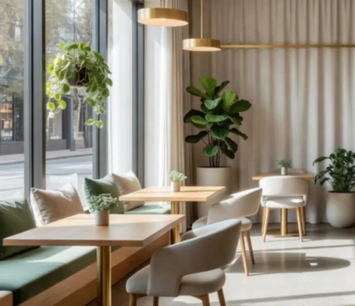 Light-filled poker lounge interior with brushed gold accents and botanical sage tones at Thecin Derroom