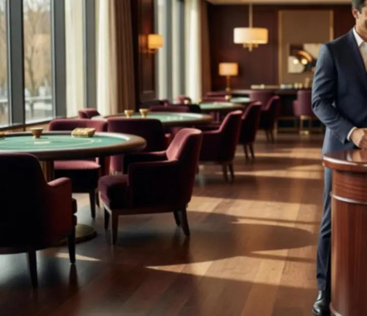 Elegantly set poker table with menus and ceramic chips ready for reservations