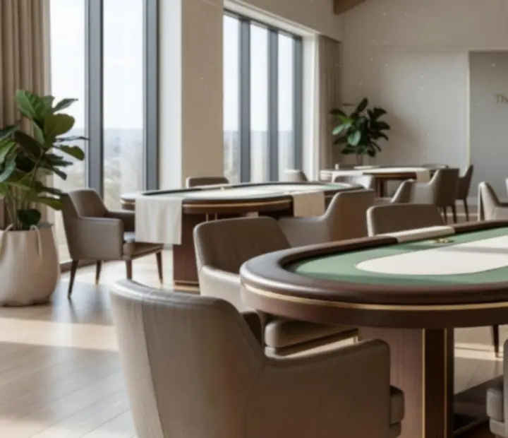 Sunlit poker lounge with custom wooden poker tables and ceramic chip stacks at The Sunlit Felt Lounge