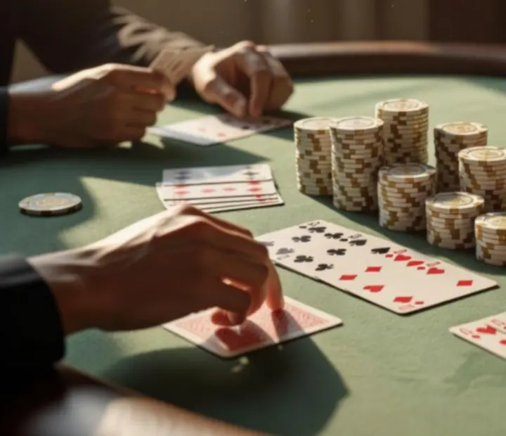 Physical chip stacks on a poker table in soft Australian daylight