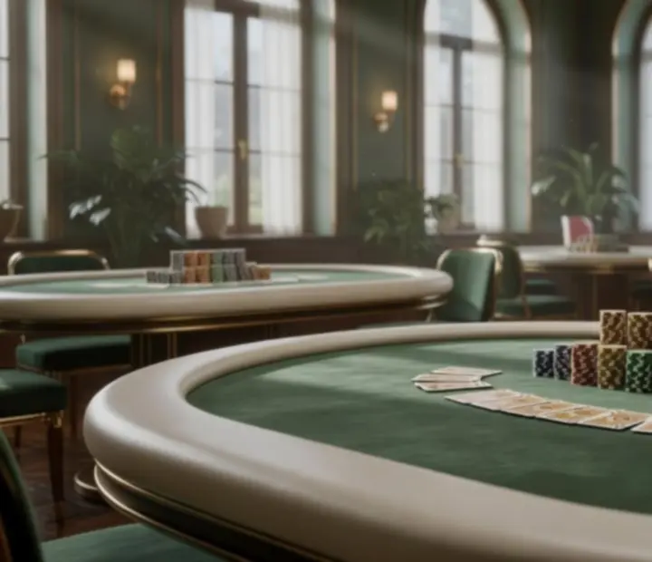 Custom sage and ivory poker felts and chip stacks in a bright room