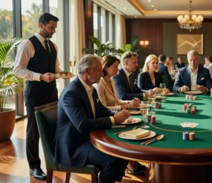 Poker table with gourmet dishes and drinks served during offline poker play