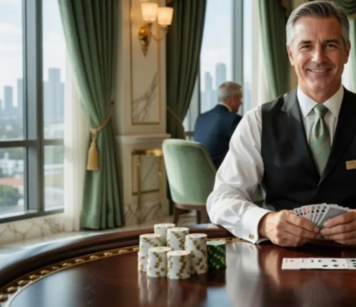 Professional Australian poker dealer managing chips and cards at a tournament table