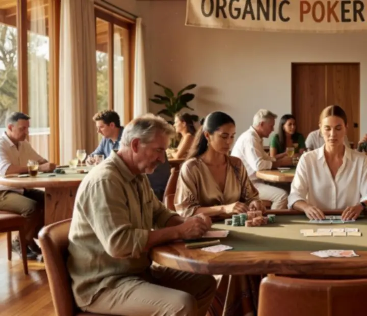 Sunlit poker tournament room with live clock displays and guests enjoying offline poker