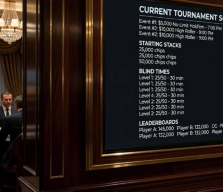 Tournament schedule and blind structure display beside an offline poker table